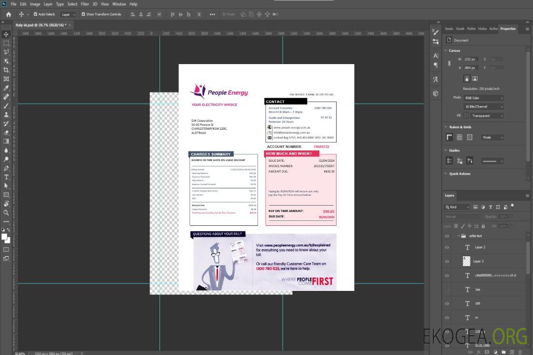 Modèle de facture de services publics d'électricité pour les entreprises Australia People Energy au format Word et PDF template